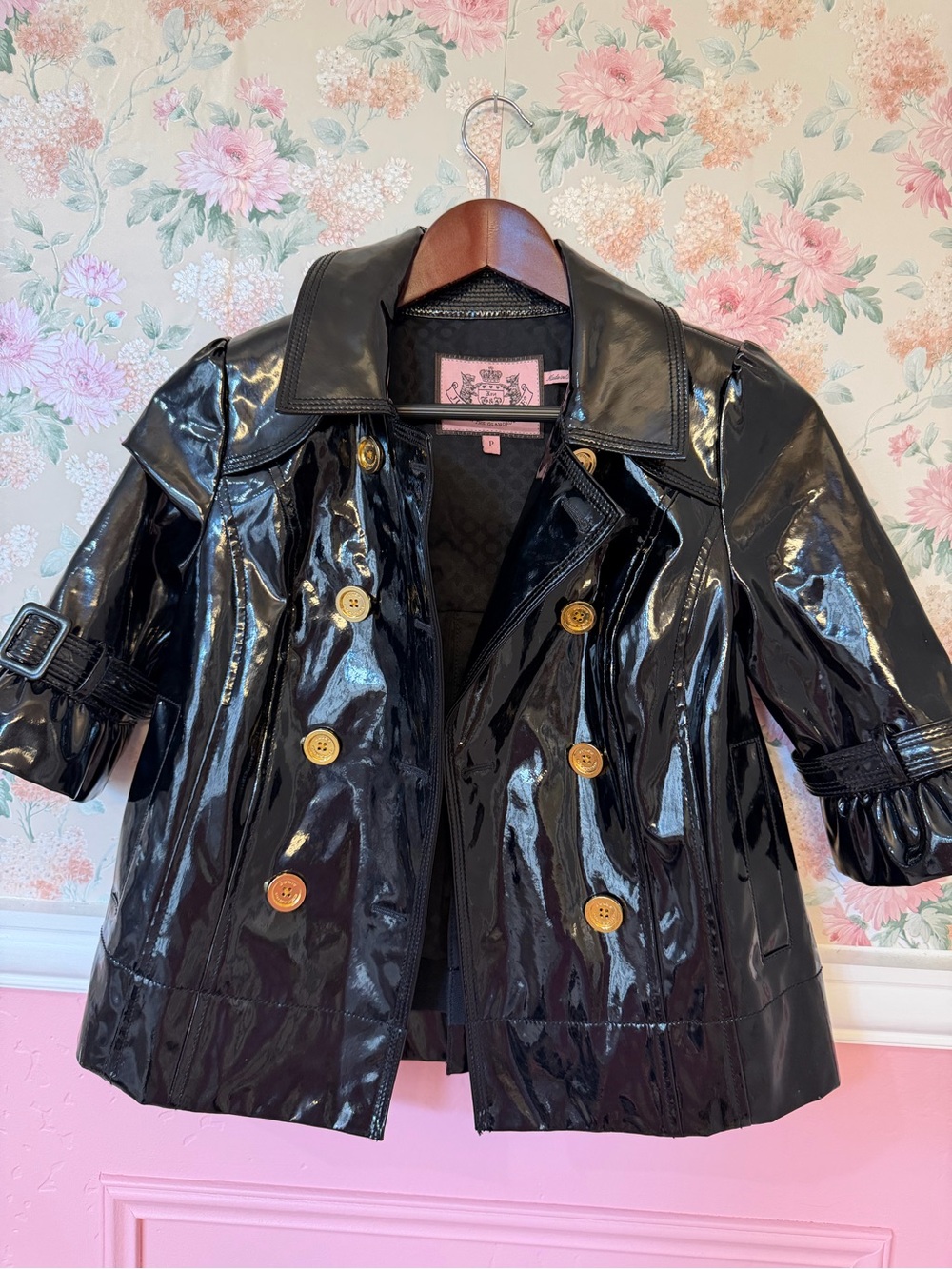 Y2K rare Juicy Couture Black Patent Short Trench Coat with Gold Buttons